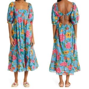 Farm Rio. Blue Print Toucans Garden Puff Sleeve Midi Dress Sz Small